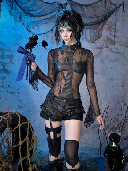 Rock Punk Wrinkled Glitter Bow Low-Rise Short Pants【s0000015480】