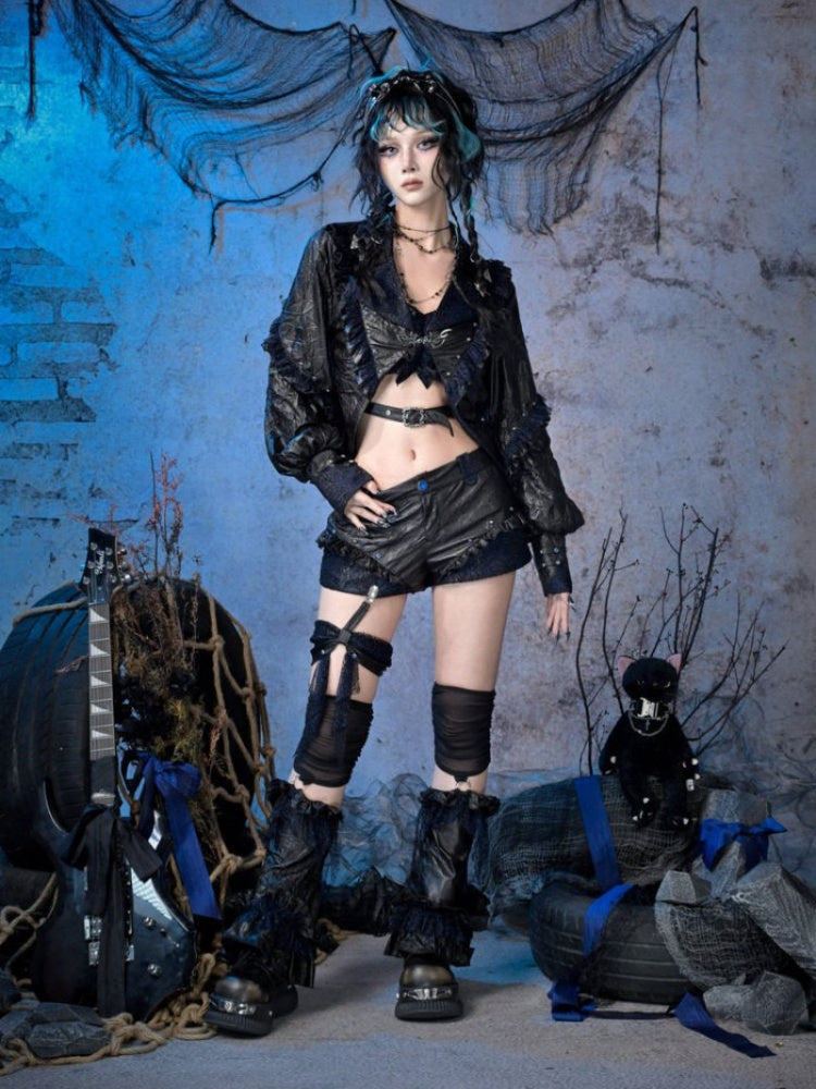 Rock Punk Wrinkled Glitter Bow Low-Rise Short Pants【s0000015480】