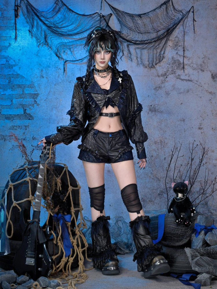 Rock Punk Wrinkled Glitter Bow Low-Rise Short Pants【s0000015480】