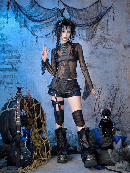 Rock Punk Wrinkled Glitter Bow Low-Rise Short Pants【s0000015480】