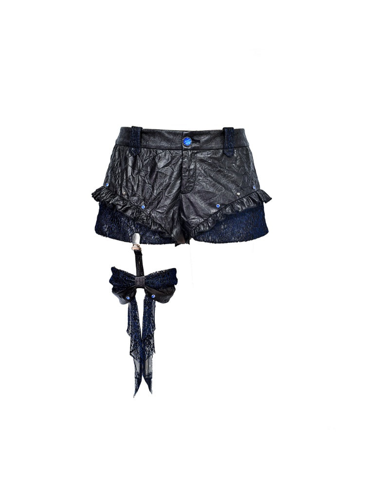 Rock Punk Wrinkled Glitter Bow Low-Rise Short Pants【s0000015480】
