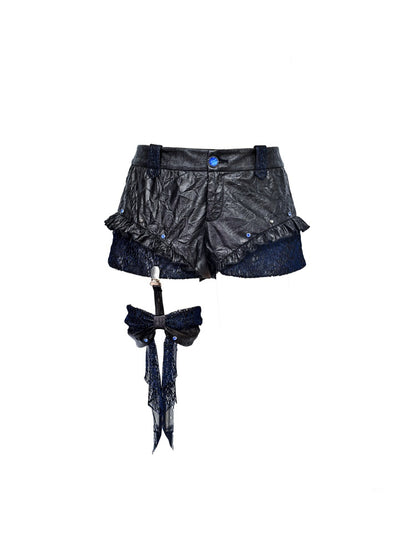 Rock Punk Wrinkled Glitter Bow Low-Rise Short Pants【s0000015480】