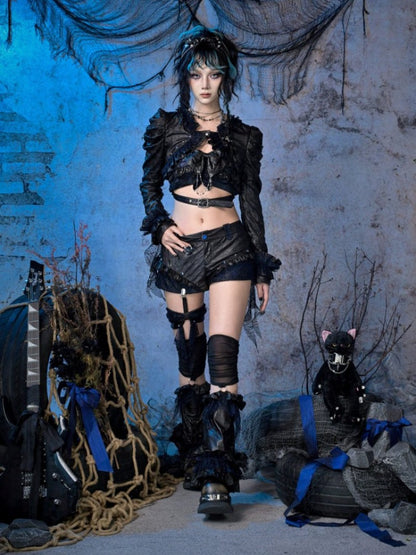 Rock Punk Wrinkled Glitter Bow Low-Rise Short Pants【s0000015480】