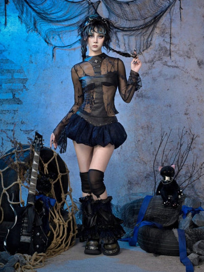 Rock Punk Spice Girl Rivet Cross Mesh Semi-Sheer Base Top【s0000015482】