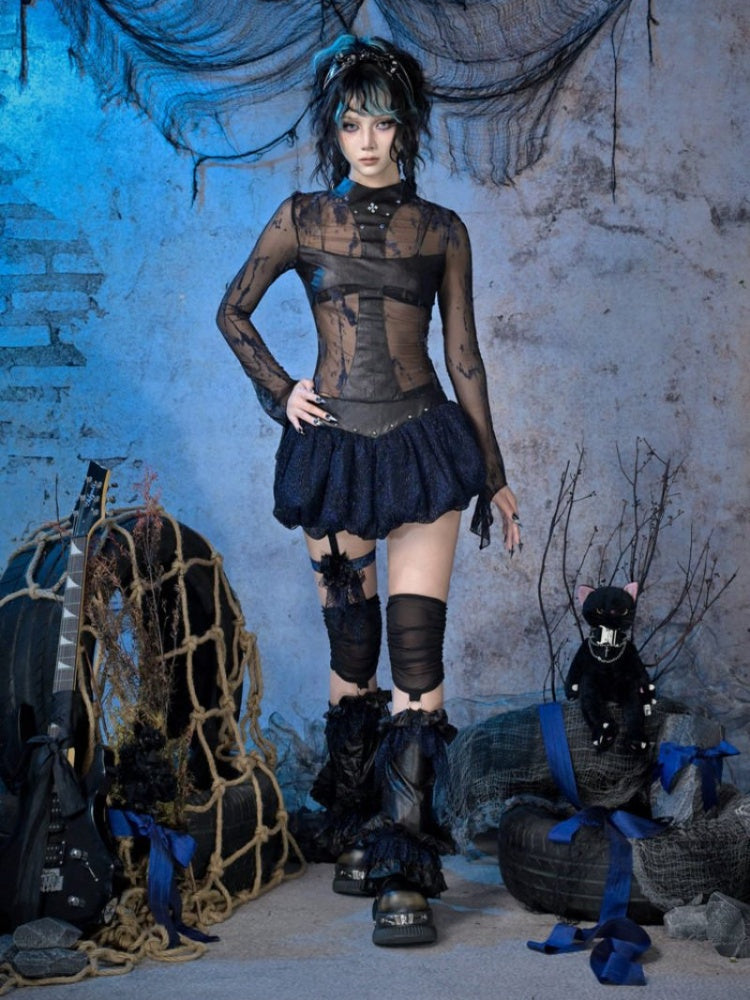 Rock Punk Spice Girl Rivet Cross Mesh Semi-Sheer Base Top【s0000015482】