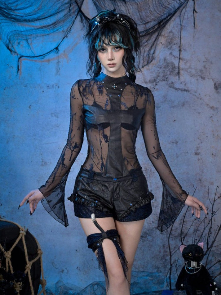 Rock Punk Spice Girl Rivet Cross Mesh Semi-Sheer Base Top【s0000015482】