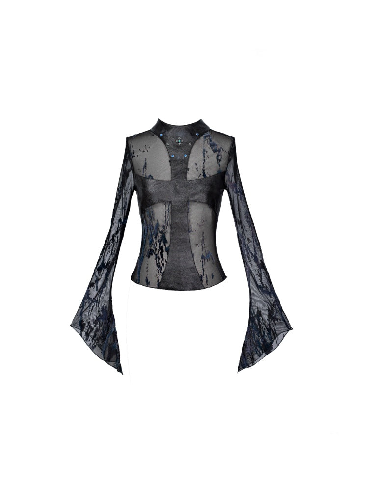 Rock Punk Spice Girl Rivet Cross Mesh Semi-Sheer Base Top【s0000015482】