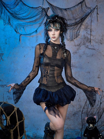 Rock Punk Spice Girl Rivet Cross Mesh Semi-Sheer Base Top【s0000015482】