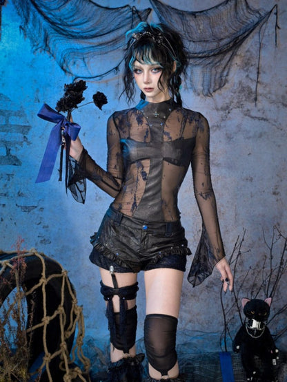 Rock Punk Spice Girl Rivet Cross Mesh Semi-Sheer Base Top【s0000015482】