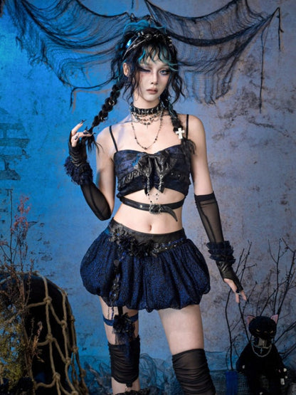 Grunge Bow Ruffled Niche Suspender Top【s0000015483】