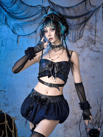 Grunge Bow Ruffled Niche Suspender Top【s0000015483】