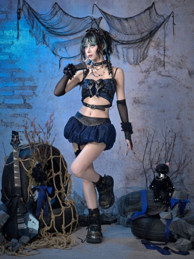 Grunge Bow Ruffled Niche Suspender Top【s0000015483】