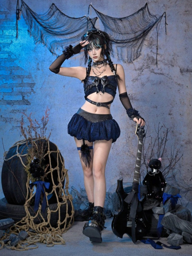 Grunge Bow Ruffled Niche Suspender Top【s0000015483】