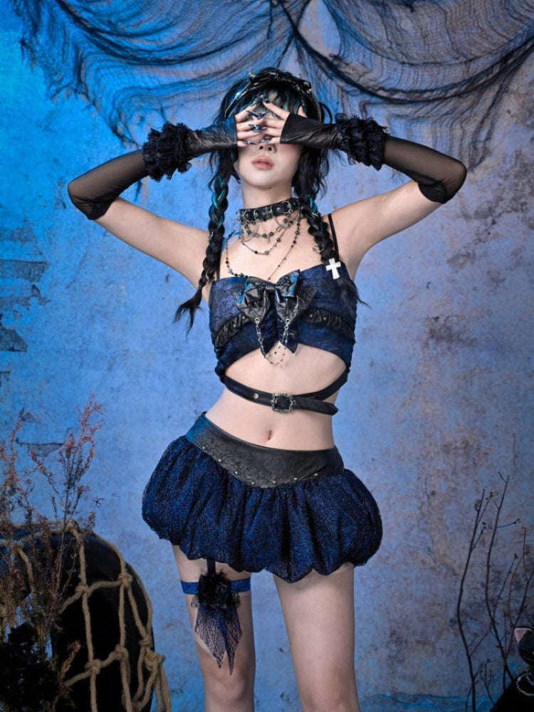 Grunge Bow Ruffled Niche Suspender Top【s0000015483】