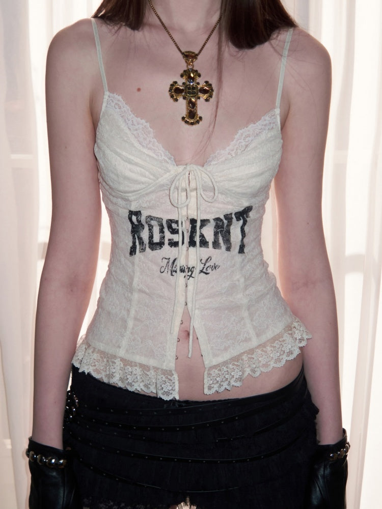 French Lace-Up Lace Monogram Print Herringbone Camisole【s0000015493】