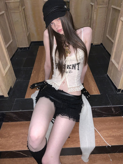 French Lace-Up Lace Monogram Print Herringbone Camisole【s0000015493】