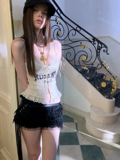 French Lace-Up Lace Monogram Print Herringbone Camisole【s0000015493】
