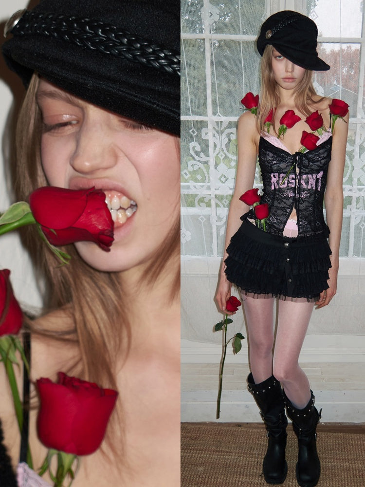 French Lace-Up Lace Monogram Print Herringbone Camisole【s0000015493】