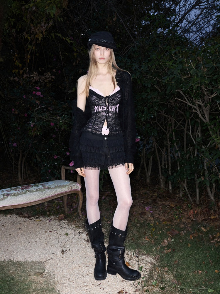 French Lace-Up Lace Monogram Print Herringbone Camisole【s0000015493】