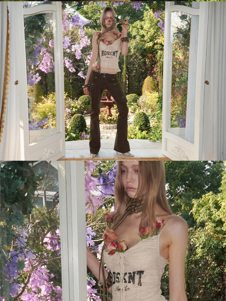 French Lace-Up Lace Monogram Print Herringbone Camisole【s0000015493】