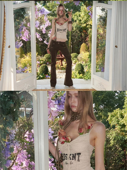 French Lace-Up Lace Monogram Print Herringbone Camisole【s0000015493】