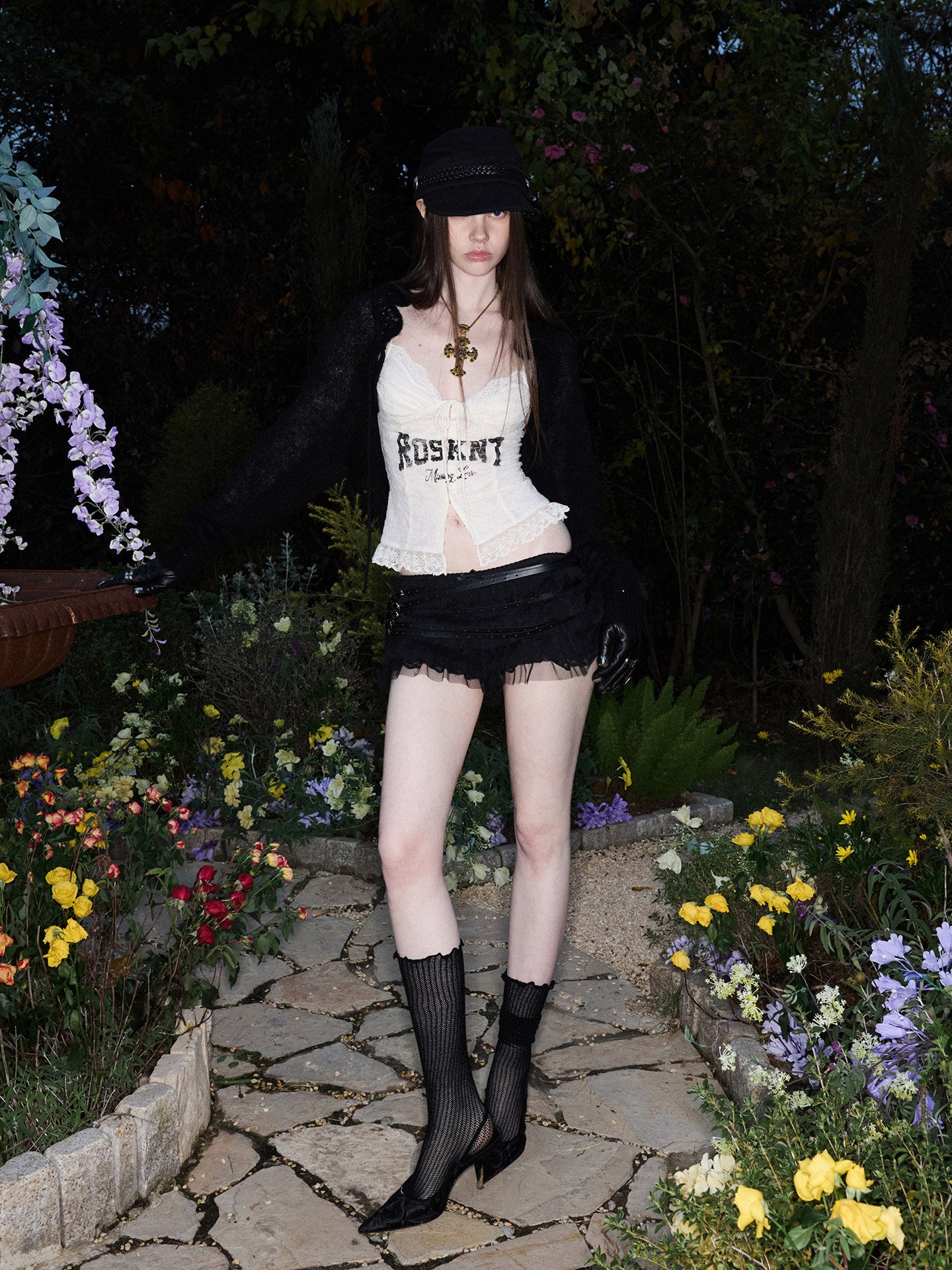 French Lace-Up Lace Monogram Print Herringbone Camisole【s0000015493】