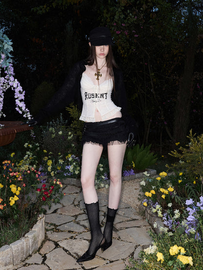 French Lace-Up Lace Monogram Print Herringbone Camisole【s0000015493】