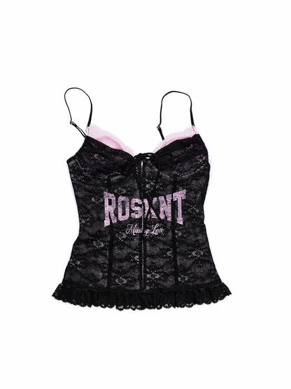 French Lace-Up Lace Monogram Print Herringbone Camisole【s0000015493】