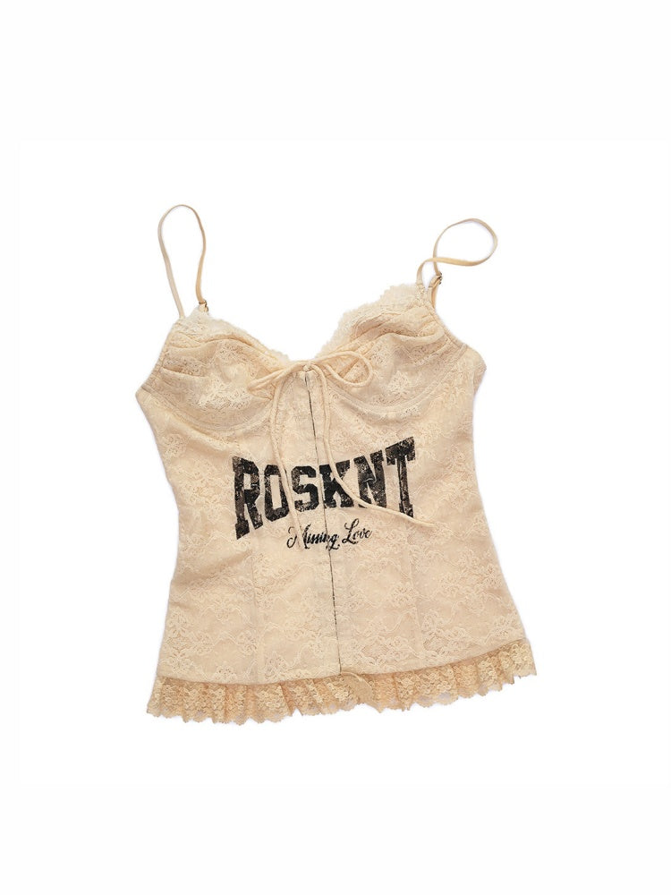 French Lace-Up Lace Monogram Print Herringbone Camisole【s0000015493】