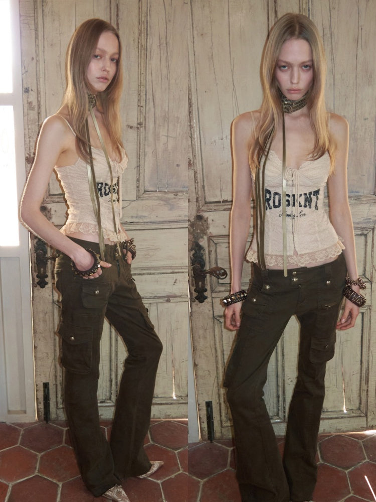 French Lace-Up Lace Monogram Print Herringbone Camisole【s0000015493】
