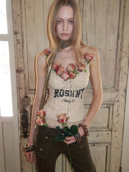 French Lace-Up Lace Monogram Print Herringbone Camisole【s0000015493】
