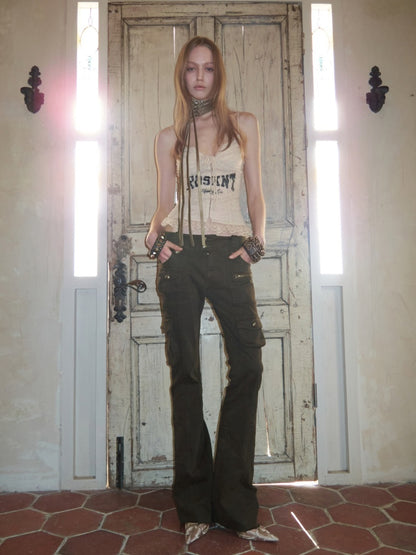 French Lace-Up Lace Monogram Print Herringbone Camisole【s0000015493】