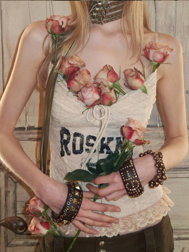 French Lace-Up Lace Monogram Print Herringbone Camisole【s0000015493】