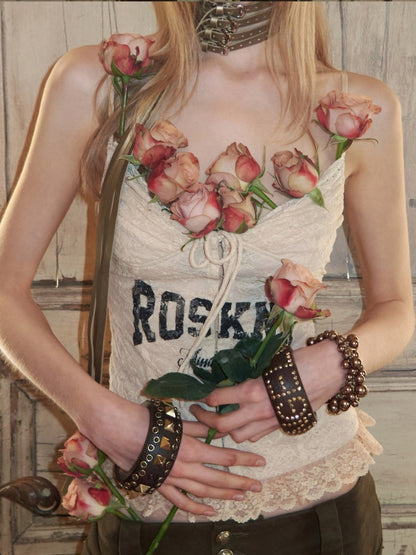 French Lace-Up Lace Monogram Print Herringbone Camisole【s0000015493】
