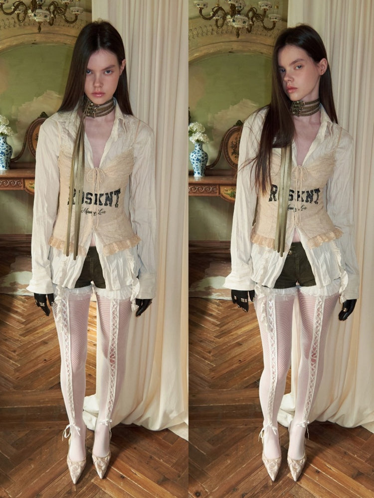 French Lace-Up Lace Monogram Print Herringbone Camisole【s0000015493】
