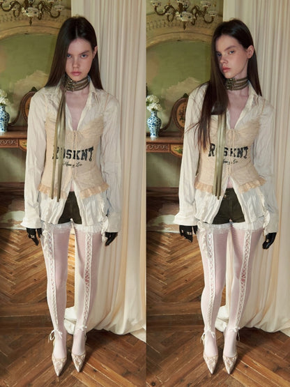 French Lace-Up Lace Monogram Print Herringbone Camisole【s0000015493】