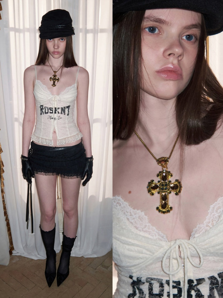 French Lace-Up Lace Monogram Print Herringbone Camisole【s0000015493】
