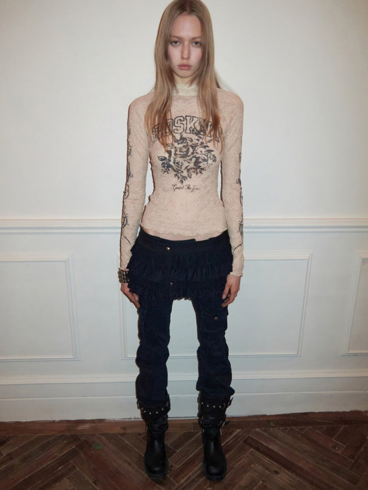 Rose Lace Print Base Skin See-Through Inner Top【s0000015494】