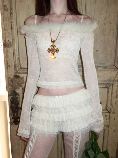 Off-Shoulder Fur Collar Sequin Knit Sweater【s0000015495】