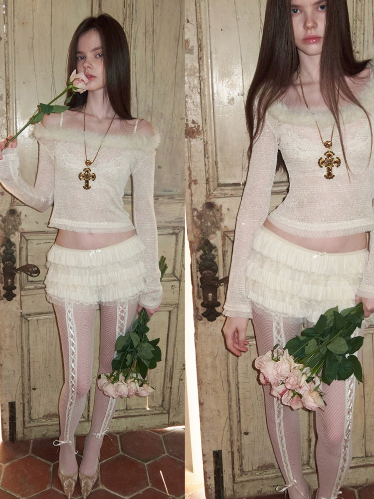 Off-Shoulder Fur Collar Sequin Knit Sweater【s0000015495】