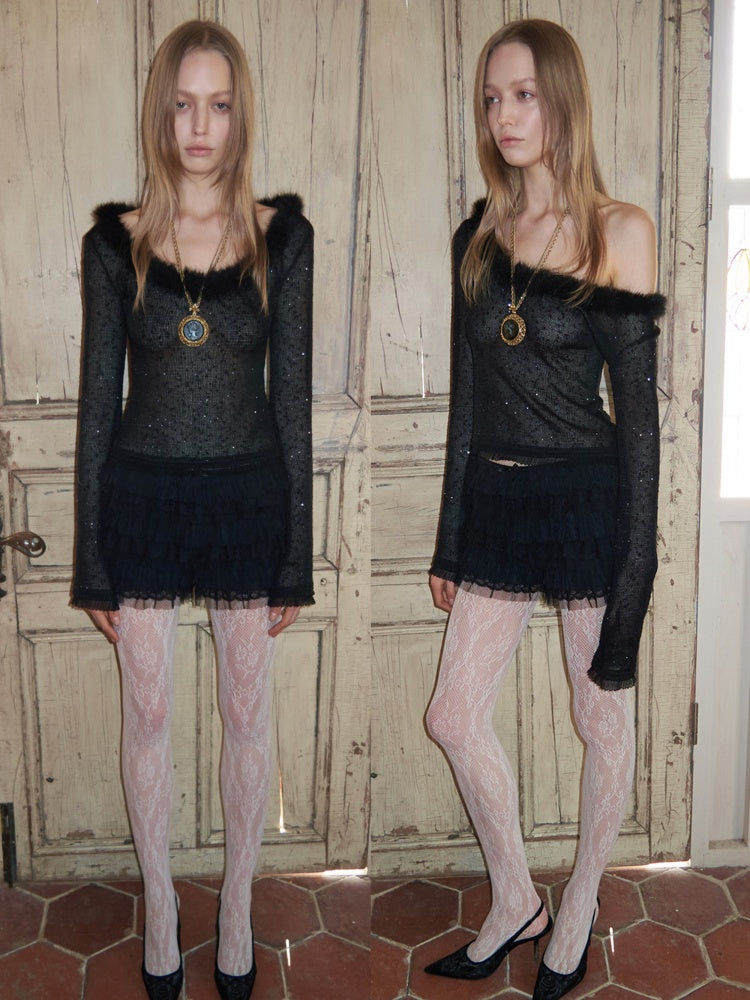 Off-Shoulder Fur Collar Sequin Knit Sweater【s0000015495】