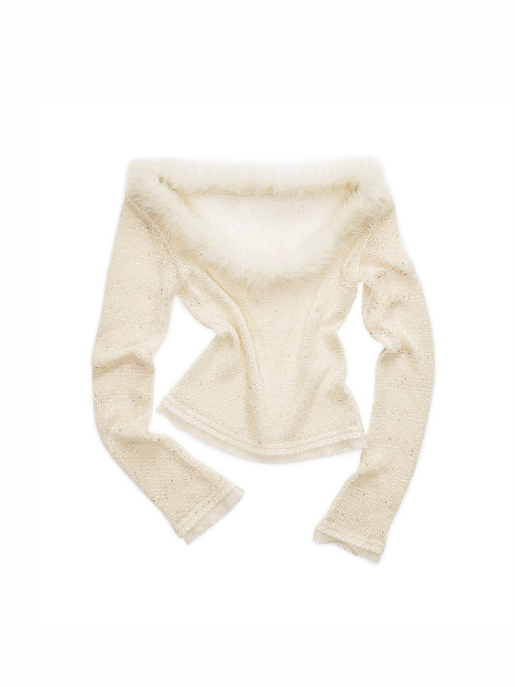 Off-Shoulder Fur Collar Sequin Knit Sweater【s0000015495】