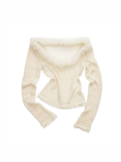 Off-Shoulder Fur Collar Sequin Knit Sweater【s0000015495】