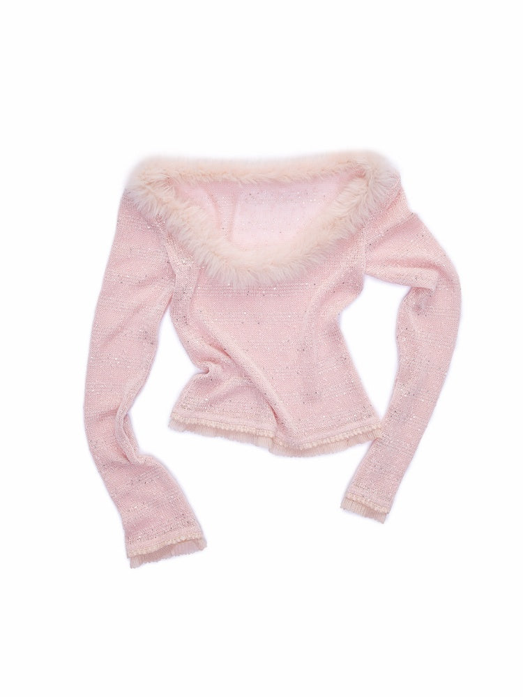 Off-Shoulder Fur Collar Sequin Knit Sweater【s0000015495】