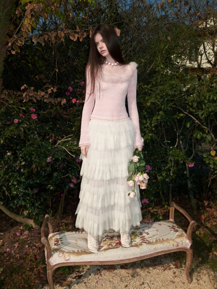 Off-Shoulder Fur Collar Sequin Knit Sweater【s0000015495】