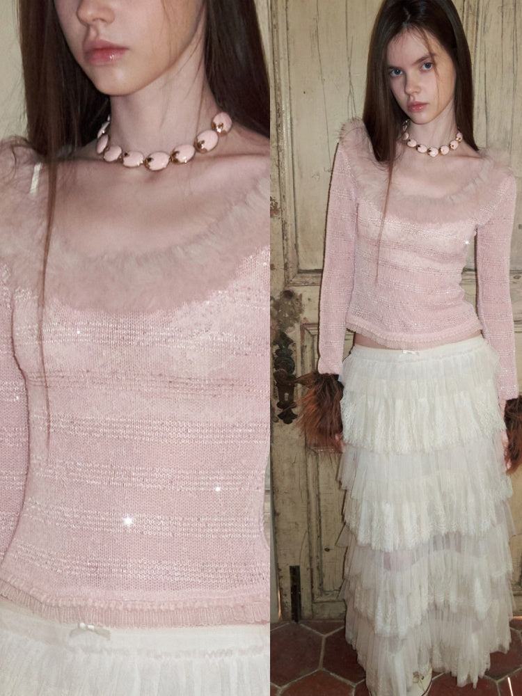 Off-Shoulder Fur Collar Sequin Knit Sweater【s0000015495】