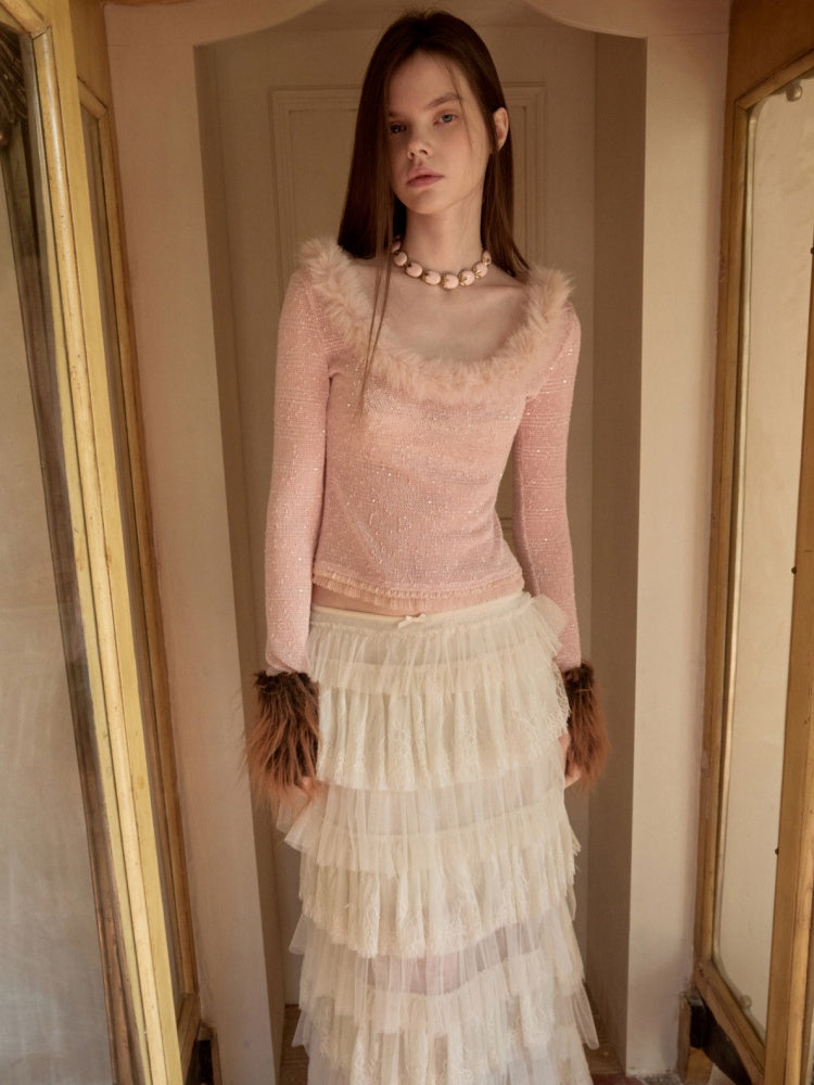Off-Shoulder Fur Collar Sequin Knit Sweater【s0000015495】