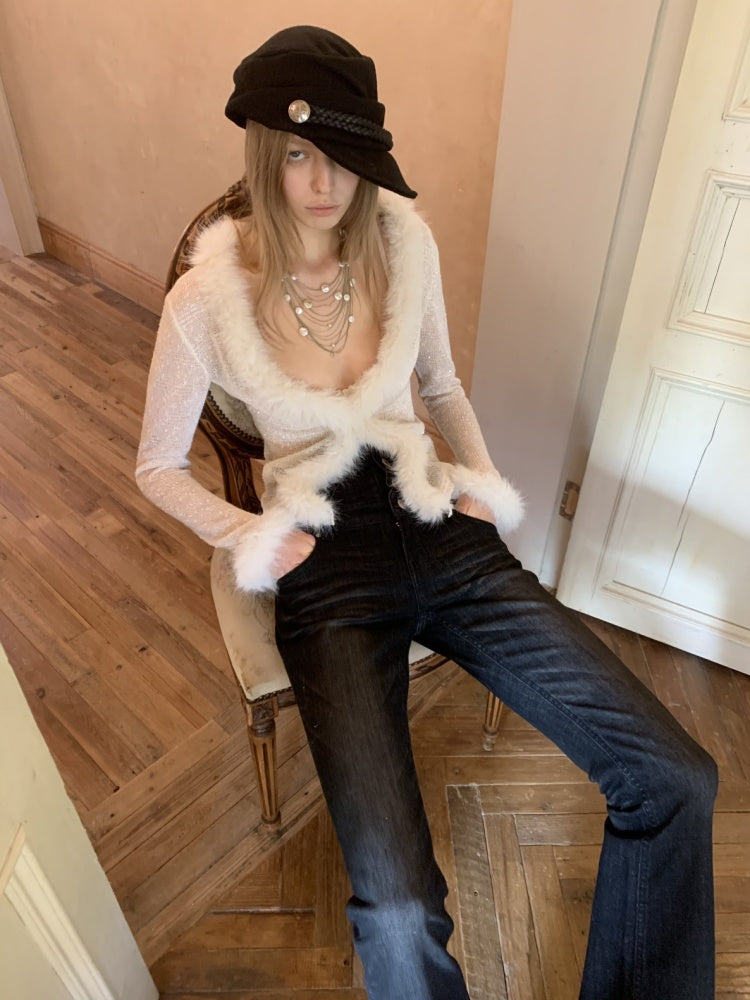 Fluffy Sequin Knit Paneled V-Neck Cardigan【s0000015496】