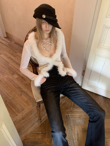 Fluffy Sequin Knit Paneled V-Neck Cardigan【s0000015496】