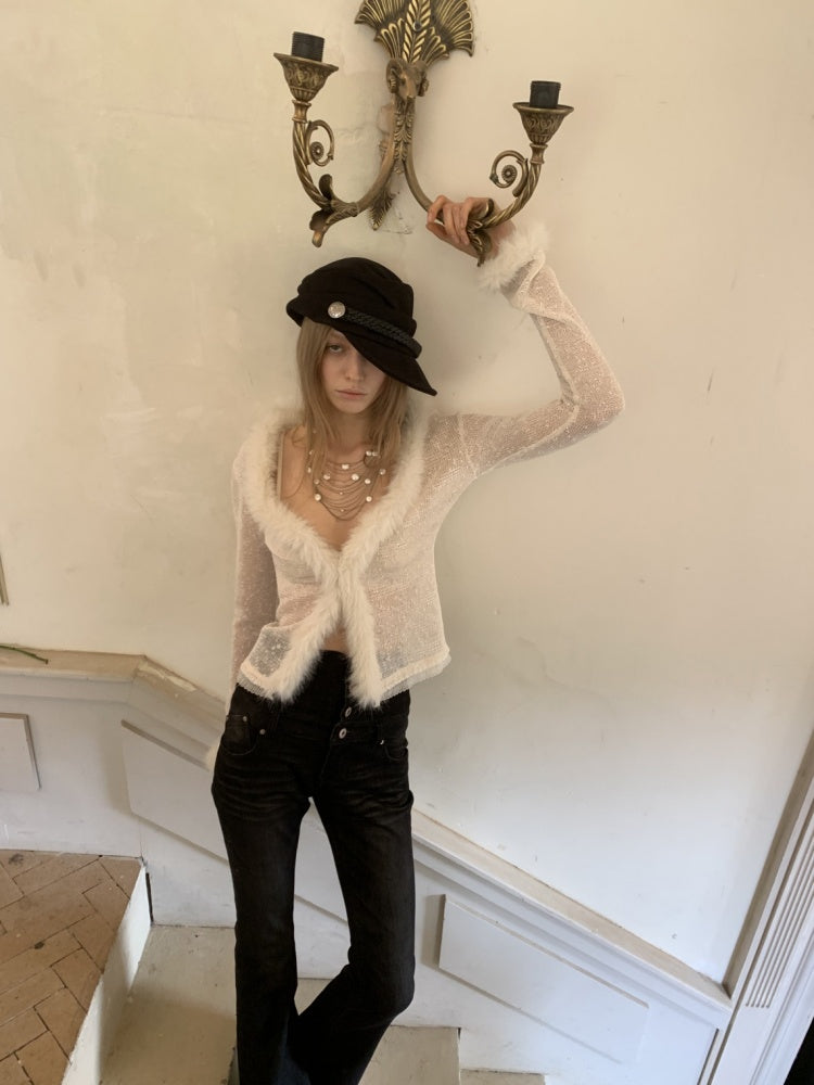 Fluffy Sequin Knit Paneled V-Neck Cardigan【s0000015496】